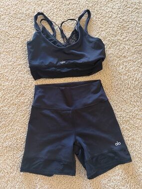 ALO Yoga Black Athletic Shorts and Sports Bra Set